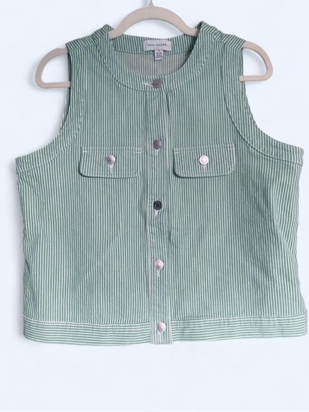 NWT Green & White Hickory Striped Button Down Vest- S- Boho, Coastal